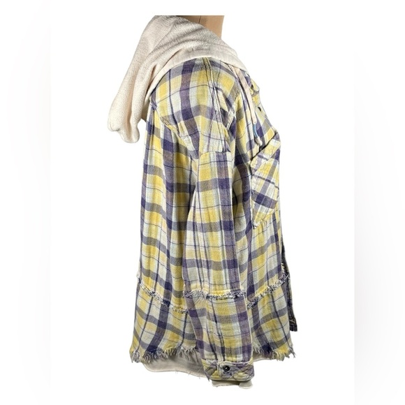 FREE PEOPLE Calico Basin Plaid Hooded Shacket Ivory Blue Combo Medium - Picture 5 of 14
